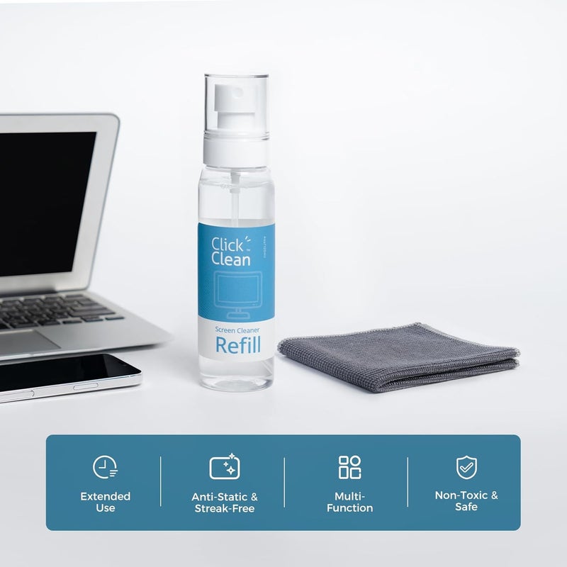 CLICK CLEAN Screen Cleaner Refill Kits - 4 oz Cleaner Refill and 1 Microfiber Cloth(7.8 x 7.8in), 1 Mini Refill Funnel + 1 Sprayer - Specially Designed for Cleaning Products - Image 2